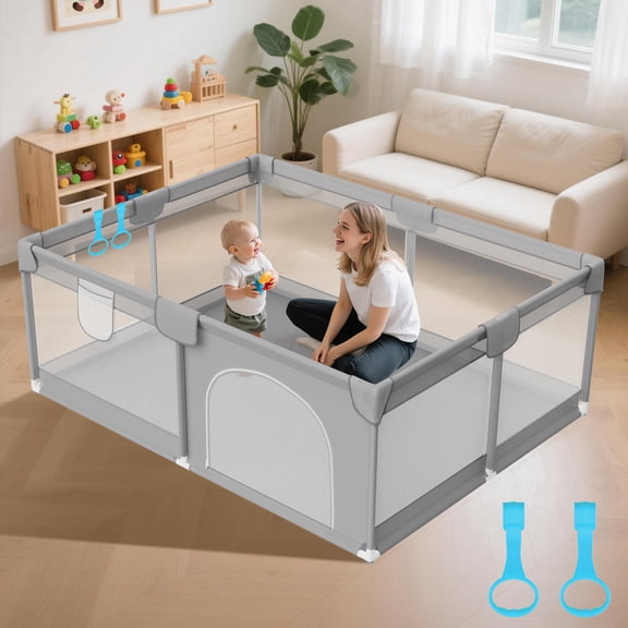 Large Baby Playpen for Toddlers, Play Yard with 2 Handles, Portable Safety Activity Center for Indoor Outdoor Use, Grey, 74x50 Inch