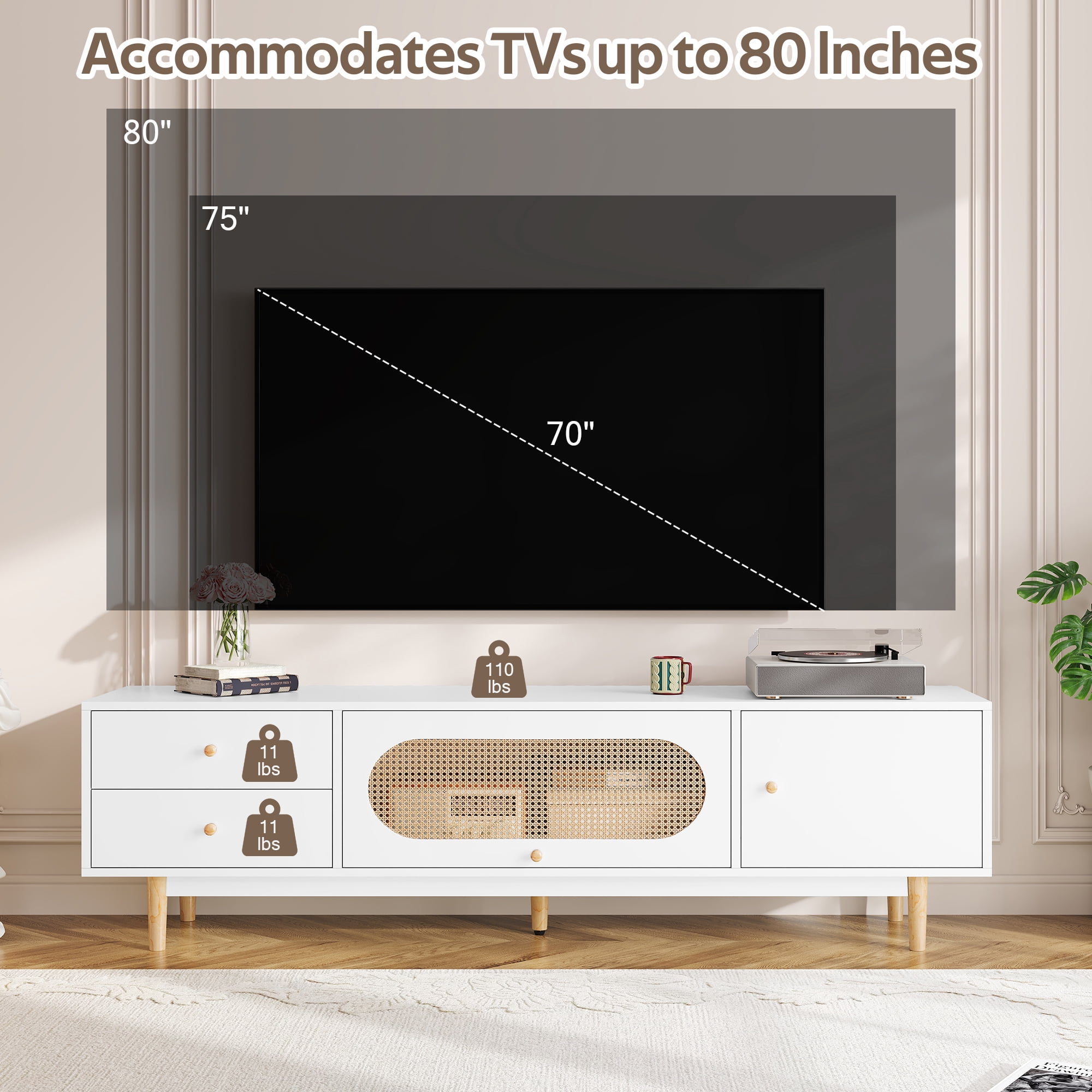 Euroco 70 inch TV Stand for TVs up to 80 Inch, Minimalist TV Console Table with Drawers, Media Entertainment Center for Living Room, Bedroom