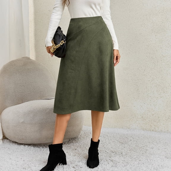 Faux Suede Midi Skirt for Women Vintage High Waisted A-Line Trendy Fall Winter Business Causal Skirts XL