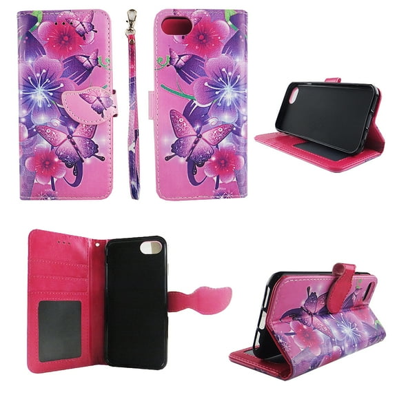 Butterfly Flower Pink Wallet Folio Case for Iphone 6 6s Fashion Flip PU Leather Cover Card Cash Slots & Stand