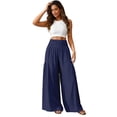 thumbnail image 4 of Women's High Waist Wide Leg Pants, Cotton Linen Flare Leg Palazzo Trousers with Pockets, Elastic Waist Casual Bell Bottom Pants for Daily Wear, Vacation and Boho Chic Outfits Navy XXL, 4 of 7