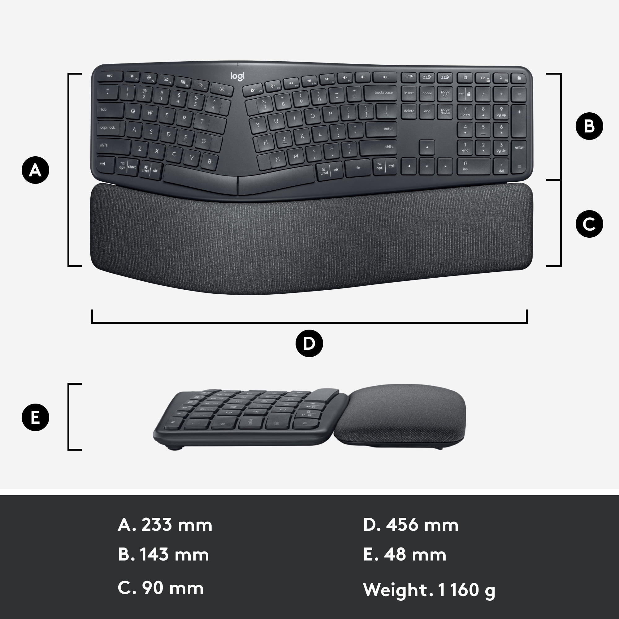 Logitech ERGO Series K860 Windows/Mac with Split Ergonomic Compatible and Bluetooth Graphite - Rest, Typing, Wrist Keyboard Natural Wireless Stain-Resistant - Connectivity, Keyboard, USB Fabric