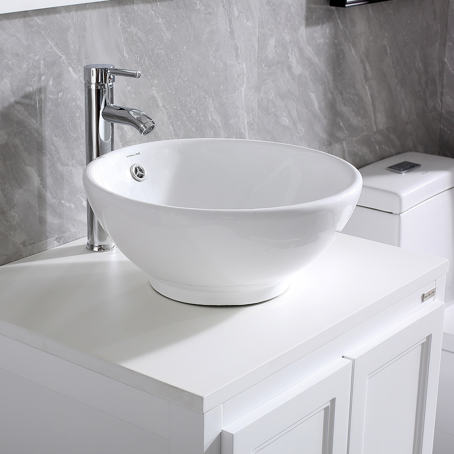 Wonline Round White Porcelain Ceramic Bathroom Vessel Sink with Overflow, Equipped with Chrome Faucet Pop-up Drain Combo - image 1 of 4