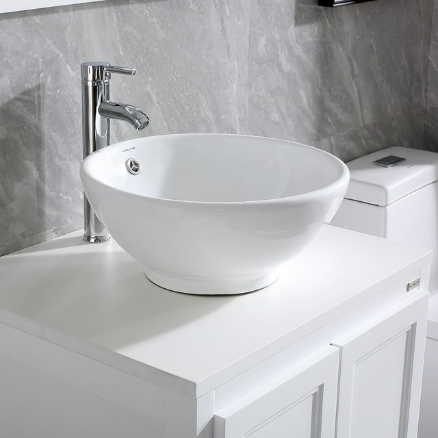 Wonline Round White Porcelain Ceramic Bathroom Vessel Sink with Overflow, Equipped with Chrome Faucet Pop-up Drain Combo