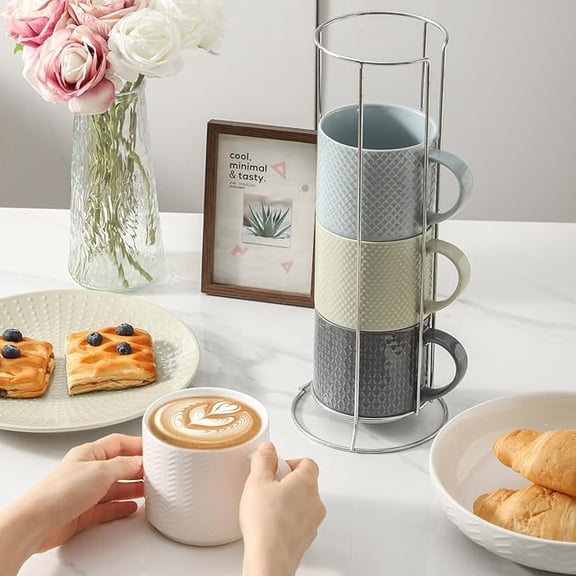 Tikooere 15 oz Embossed Ceramic Coffee Mugs Set of 4 with Metal Stand, Stackable Latte Cups with Handle, Multi-Color Coffee Cups for Cappuccino Tea, Microwave & Dishwasher Safe