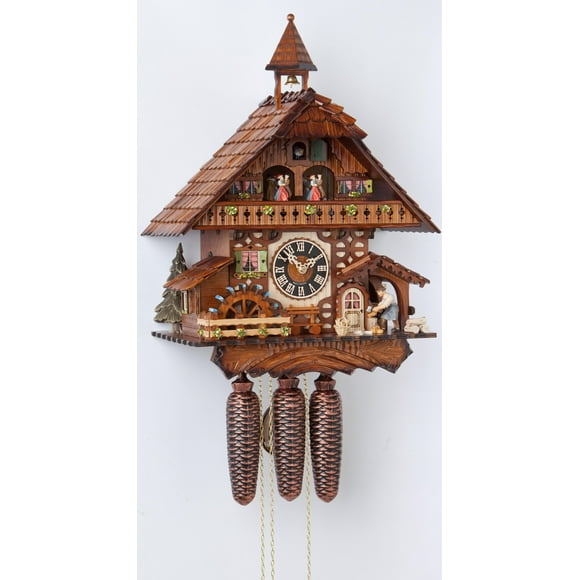 Horloge Coucou Maison Forêt Noire avec Hachoir à Bois et Roue de Moulin en Mouvement