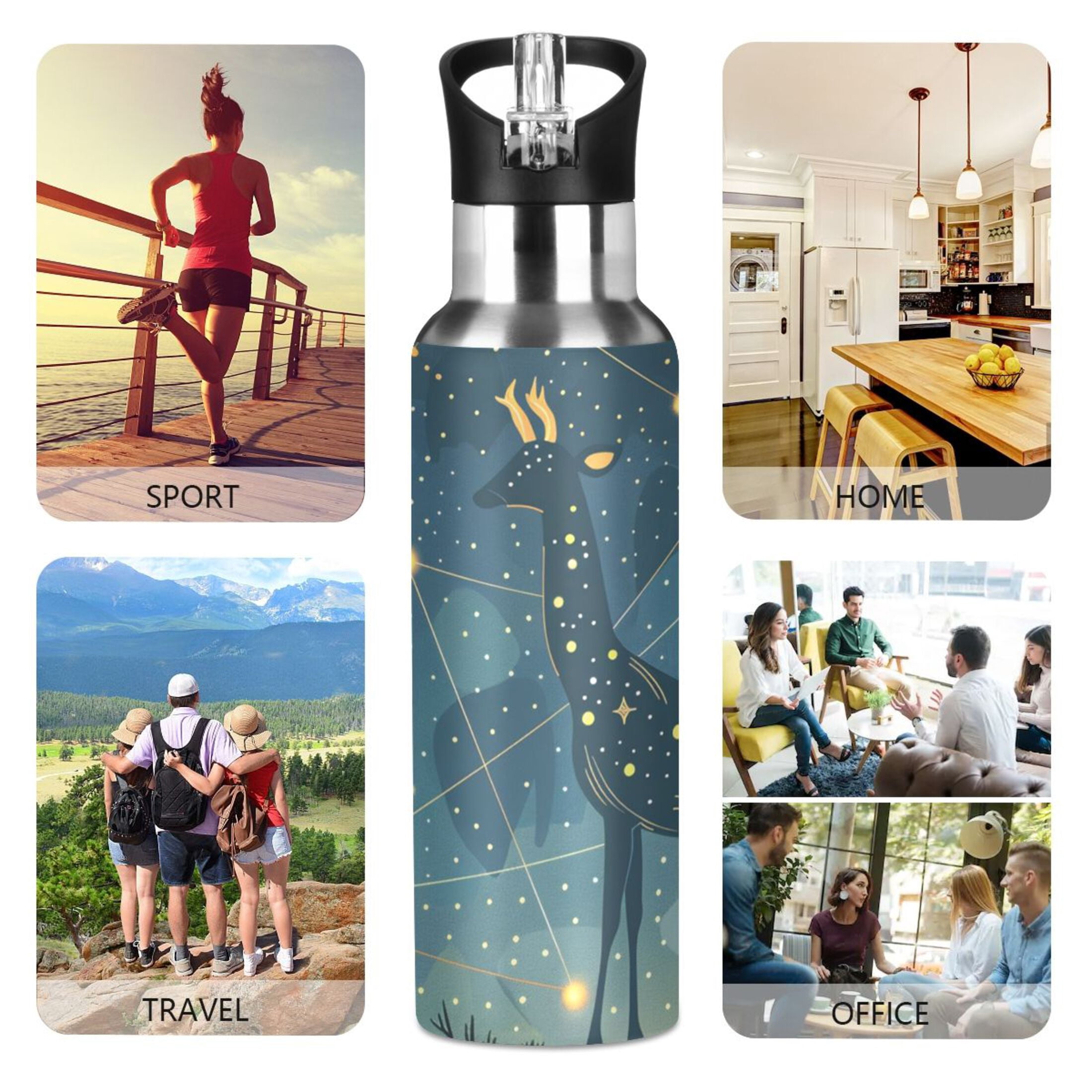 Constellation Deer Sports Bottle with Straw Stainless Steel Water Jug Portable Thermal Cup Leak-proof 600ML