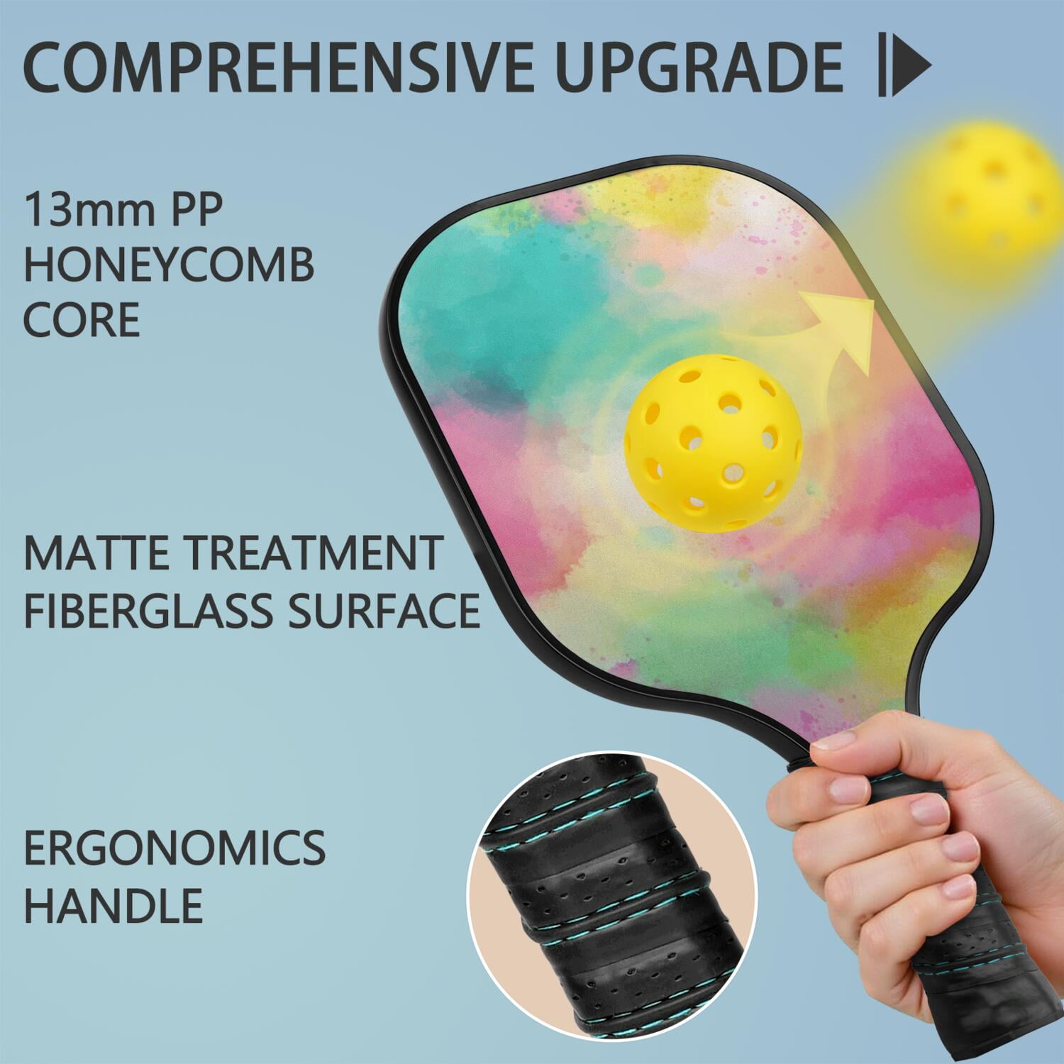 Pickleball Paddles Set Of 2, Fiberglass Surface, Fluid Smoke Aurora Art Style, 4 Balls & Bag