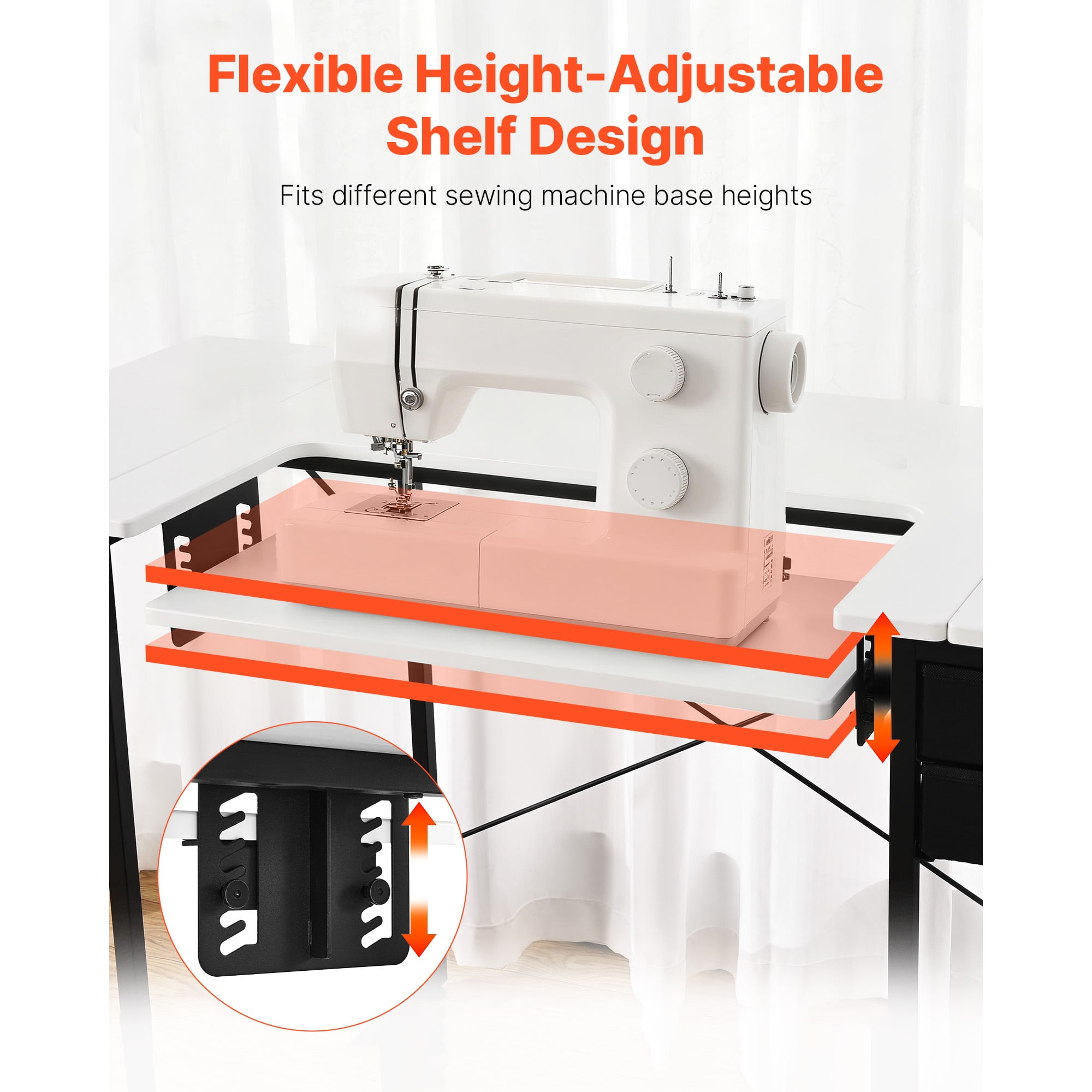 KFFKFF Multipurpose Sewing Machine Table with Drawers, Foldable Side Shelf, Adjustable Storage, Steel Frame, Versatile Desk for Home, Studio, or Educational Use