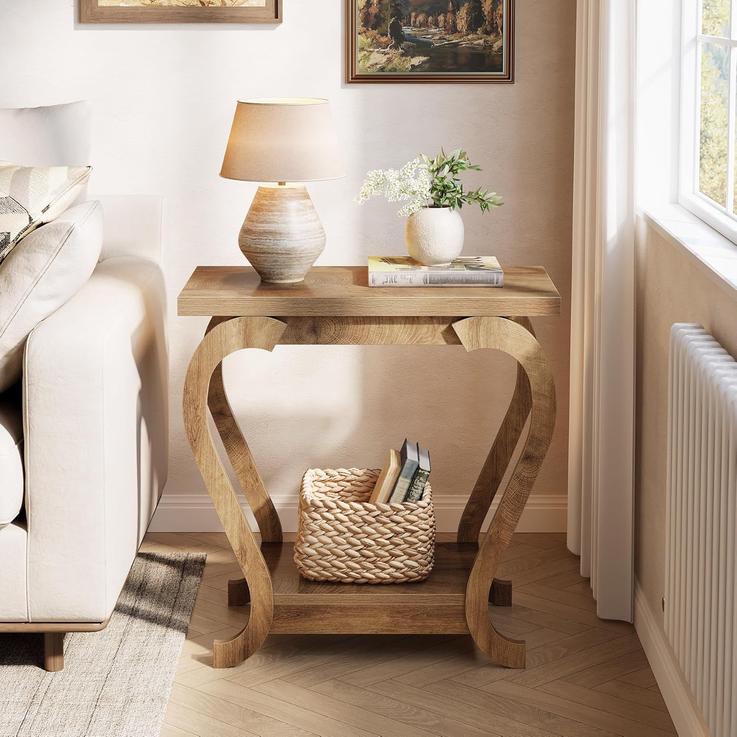 Tribesigns End Table, Narrow Wood Side Table with Storage Shelves, 2-Tier Bedside Accent Furniture for Living Room