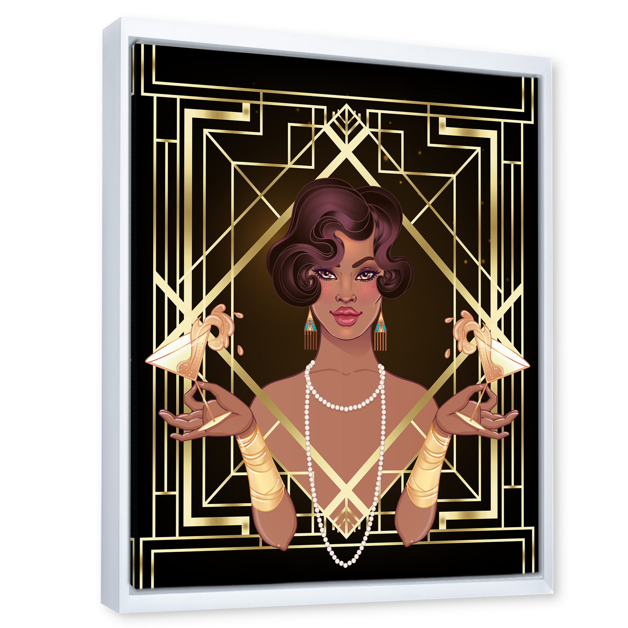 Designart 'Retro Girl In Golden Art Deco Geometrics I' Modern Framed Canvas Wall Art Print