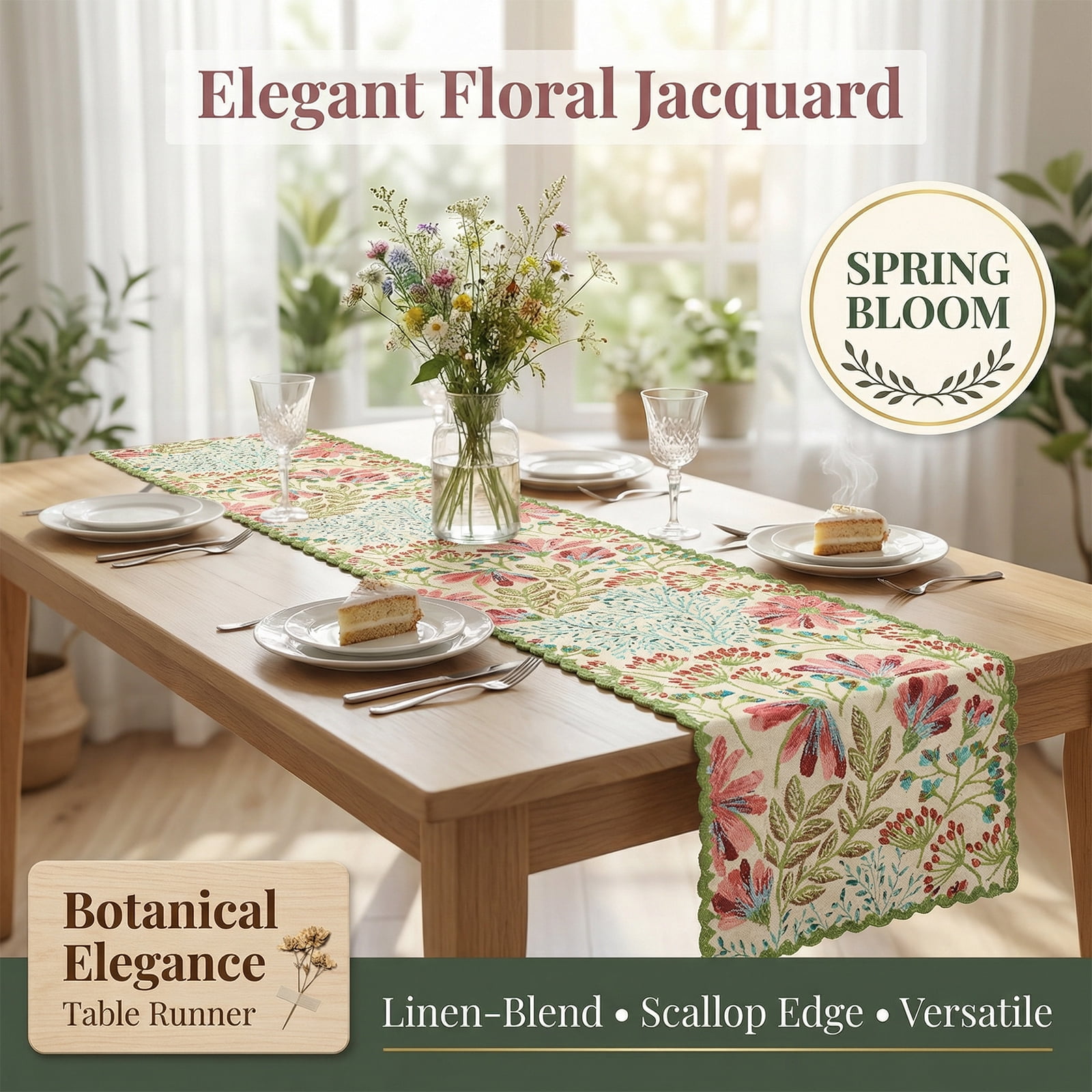 Spring Botanical Elegant Table Runner with Floral Jacquard Pattern Decorative Dining Table Decor with Delicate Lace Edging,Green,12 x 71 Inch