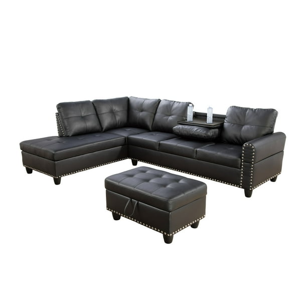 Black Faux Leather Sectional Sofa, Black Leather Sectional With Ottoman
