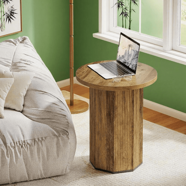Retro Pedestal End Table, Round Top, MDF Construction for Living Room/Bedroom/Small Spaces