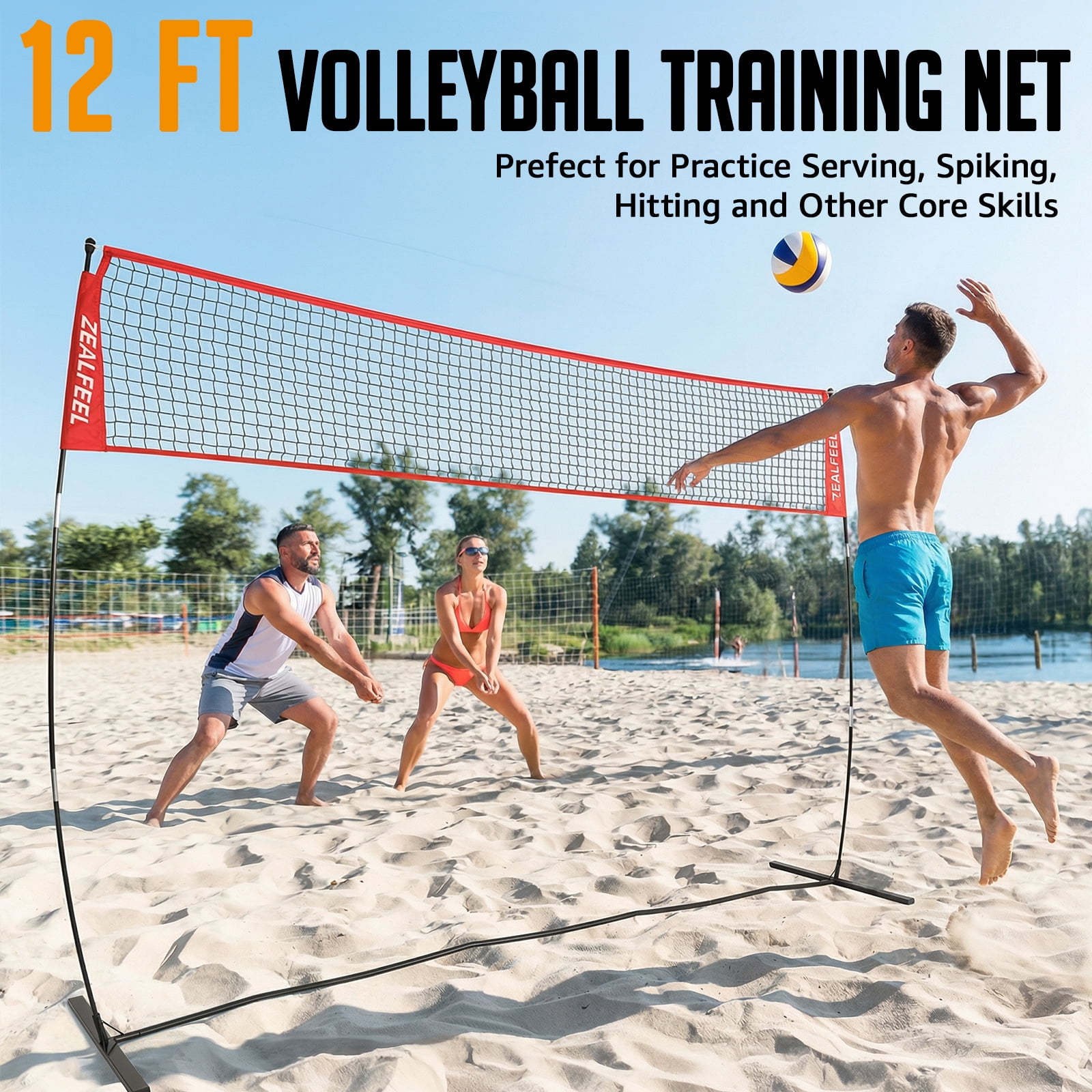 Zealfeel 12ft Volleyball Net Set: Height Adjustable Freestanding Training Net for Backyard & Outdoor Use. Includes All Accessories and Carry Bag