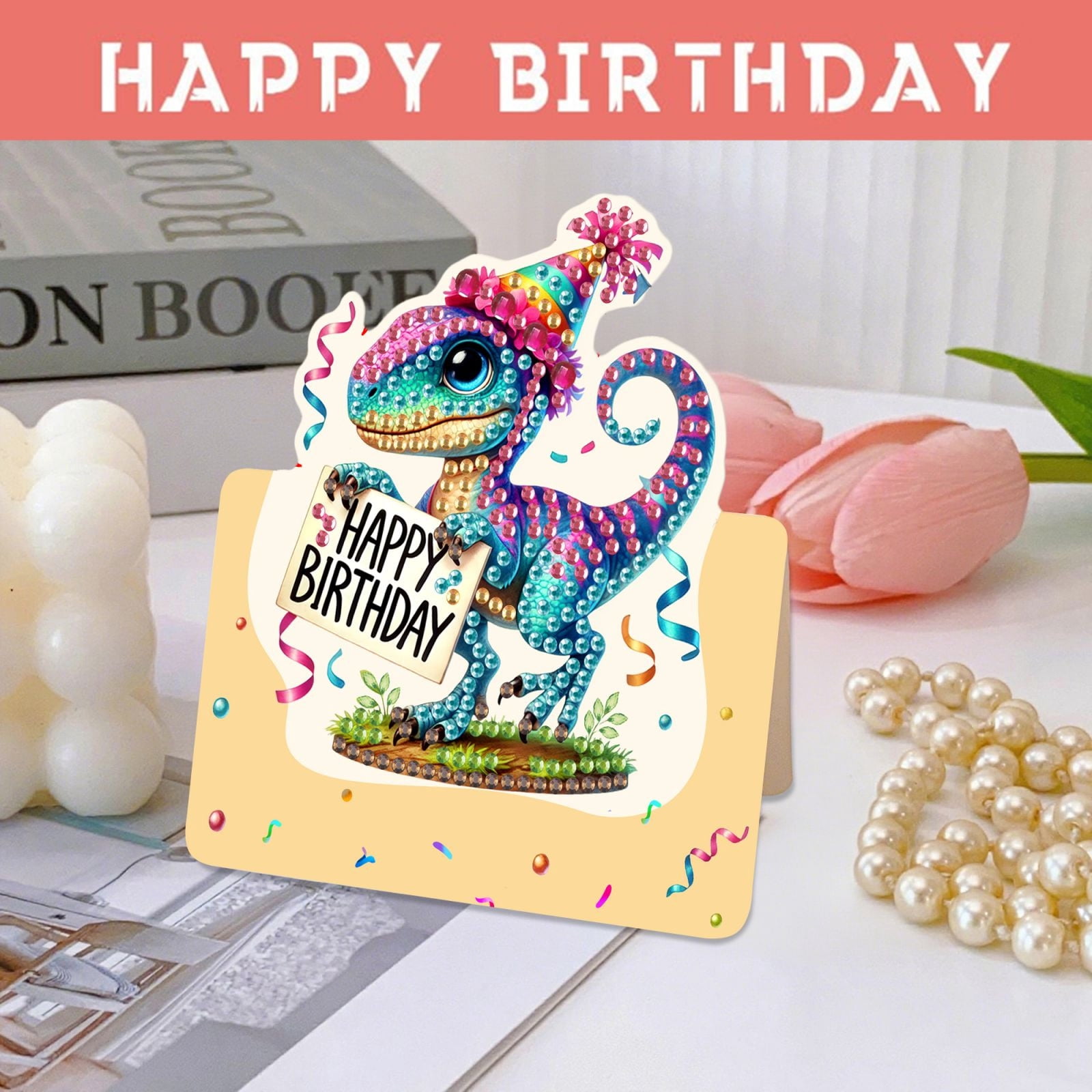 FLOPESN 6Pcs Happy Birthday DIY Diamond Art Painting Greeting Card,3D Folding Card Kit,White 4.5X9.1in Envelopes for Festival Gift-Birthday Dinosaur