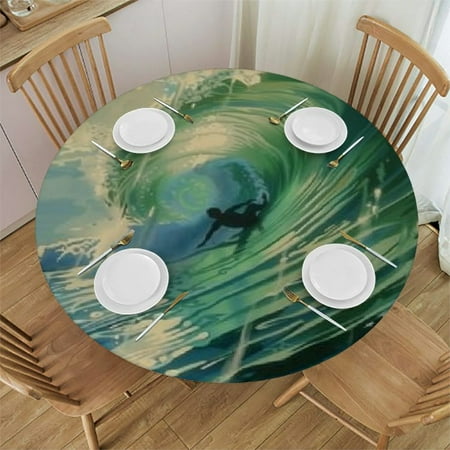 

Ullo0ord Tropical Beach Theme Table Cloth Cover Elastic Edge Beach and Palm Trees in The Sun Pattern Suitable for Catering and Kitchen Can Wipe Dining Round Table cover 31 -35