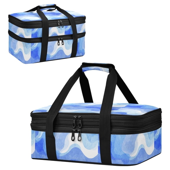 Large Double Decker Insulated Casserole Carrier Expandable 2-Layer Thermal Food Tote Bag Ocean Wave Texture Print Hot Cold Pizza Lasagna Holder for Potluck Picnic Party Camping