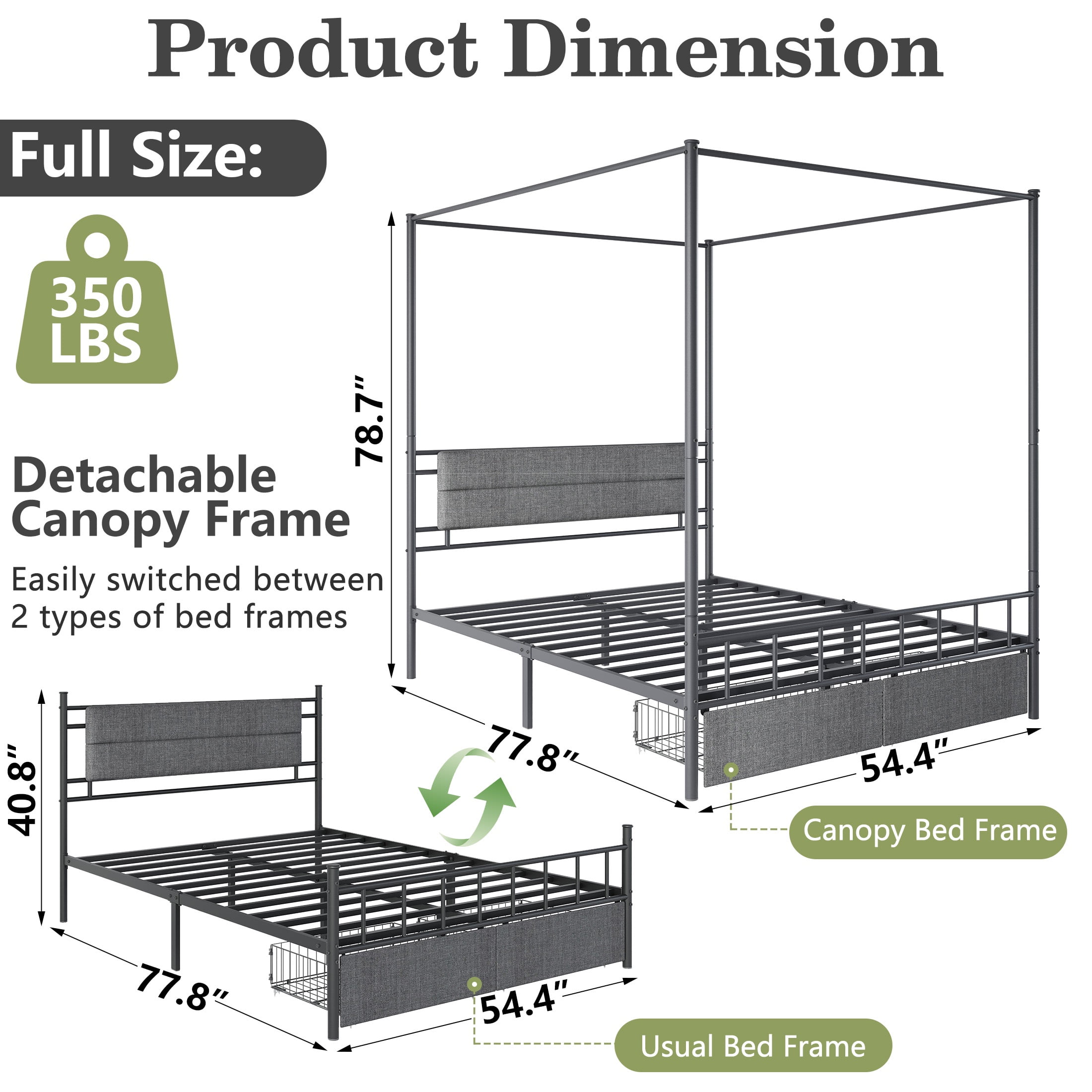 FullSize Bed Frame, HSUNNS Upholstered Full Size Canopy Bed Frame with 2 Storage Drawers, Headboard and Footboard, Metal Platform Bed with Under-Bed Storage, No Box Spring Needed, Black+Gray