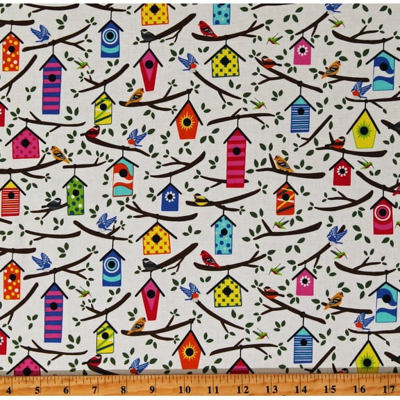 Cotton Birdhouses Birds Nature Backyard Birdwatching Home Tweet Home White Cotton Fabric Print by the Yard (AH101-WH2)