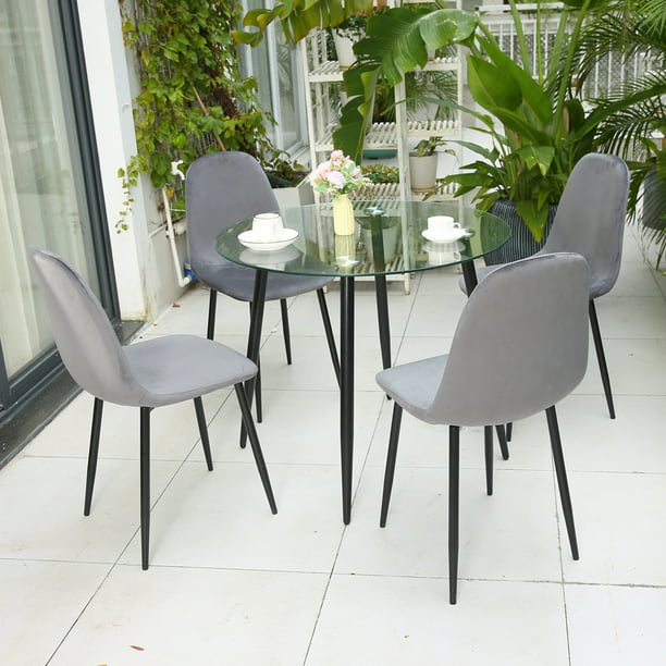 Omni House 5 Pcs Round Dining Table Set, Round Dining Table With Grey Velvet Chairs