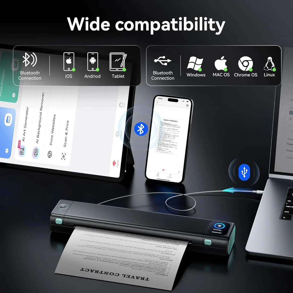 Phomemo M08D Portable Printer with Touchscreen, Upgraded Bluetooth Wireless Thermal Printer, Inkless Printing for Travel, Supports 8.5"x11" US Letter & A4, Compatible with iOS, Android, PC, Black