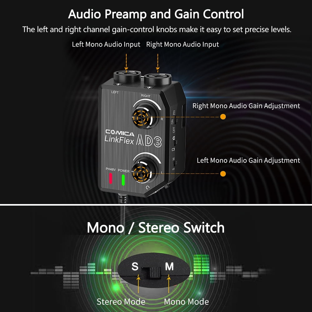 COMICA CoMica LINKFLEX AD3 Audio Preamp Mixer Two-channels Interface XLR 3.5mm 6.35mm-3.5mm Adapter for DSLR Cameras Smartphones