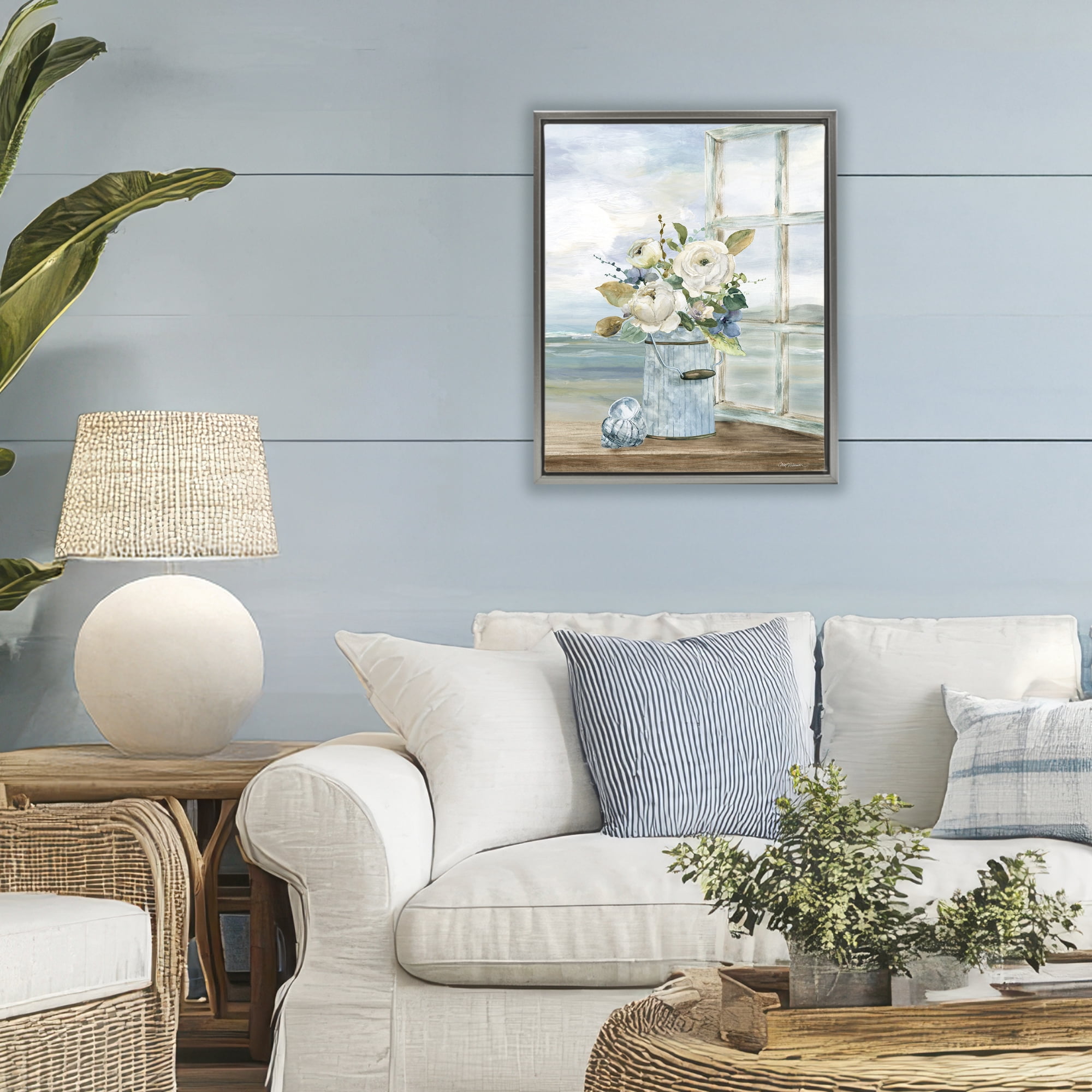 Stupell Industries Seaside Florals on Windowsill Gray Framed Floater Canvas Wall Art, design by Carol Robinson