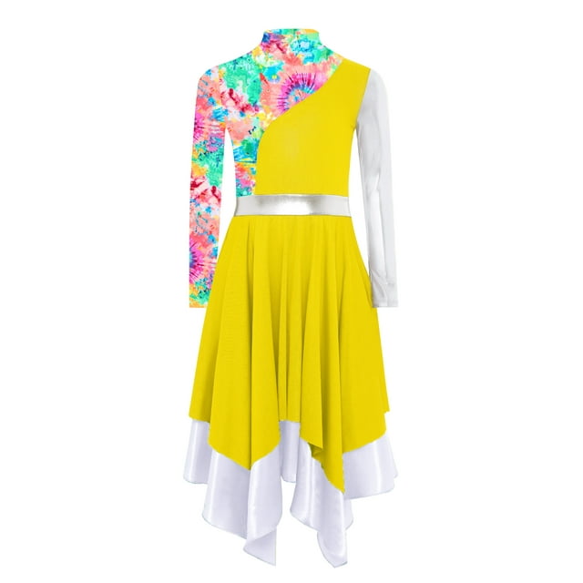 inlzdz Kids Girls Lyrical Praise Dance Dress Color Block Printed Worship Robe Metallic Irregular Yellow 6