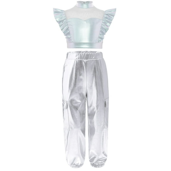 Nyeemya Kids Girls Jazz Hip Hop Dance Outfit Shiny Metallic Crop Top with Jogger Pants Set for Stage Performance Silver 10
