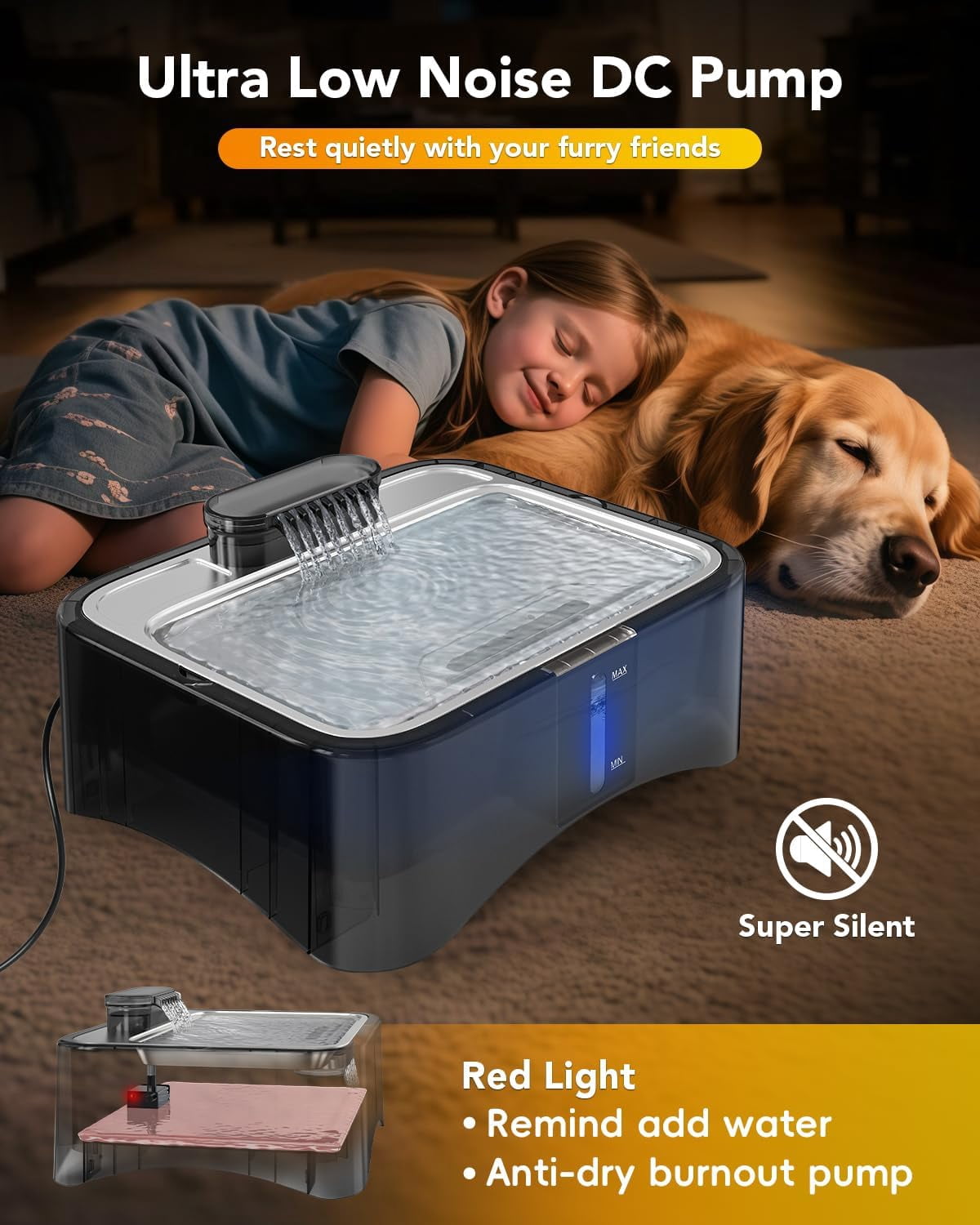 2.25-Gallon Elevated Dog Water Fountain, 4-Height Adjustable Pet Fountain for All Dog Sizes, 304 Stainless Steel Tray Indoor Cat Drinking Dispenser with Ultra-Quiet Pump & 2 Replacement Filters
