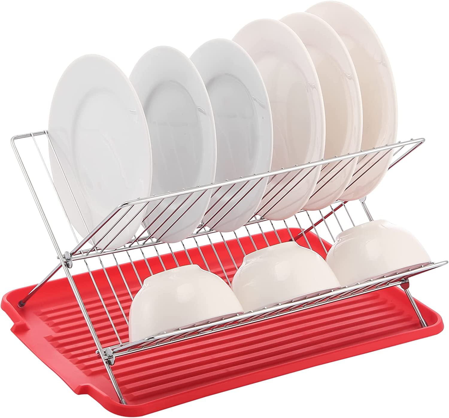 J&V Textiles 17 in. x Shaped Stainless Steel 2-Tier Dish Rack for Kitchen Counter, Red