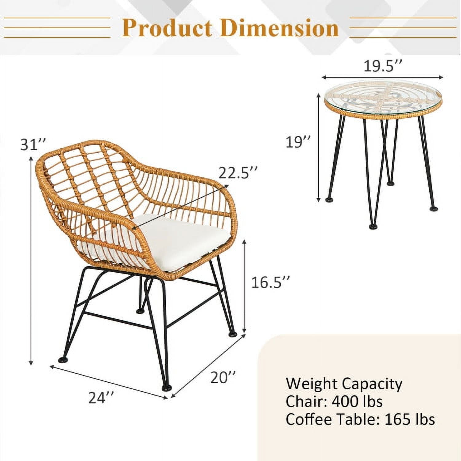 Aimee Lii 3 Pieces Rattan Furniture Set with Cushioned Chair Table, Outdoor Patio Furniture, White Aimee Lii 3 Pieces Rattan Furniture Set with Cushioned Chair Table, Outdoor Patio Furniture, White