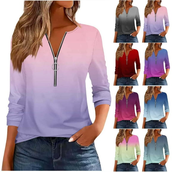 FRSASU Women's Long Sleeve Top Gradient Zipper Round Neck Work Shirts Loose Fitted Dressy Blouses Yellow XL(XL)