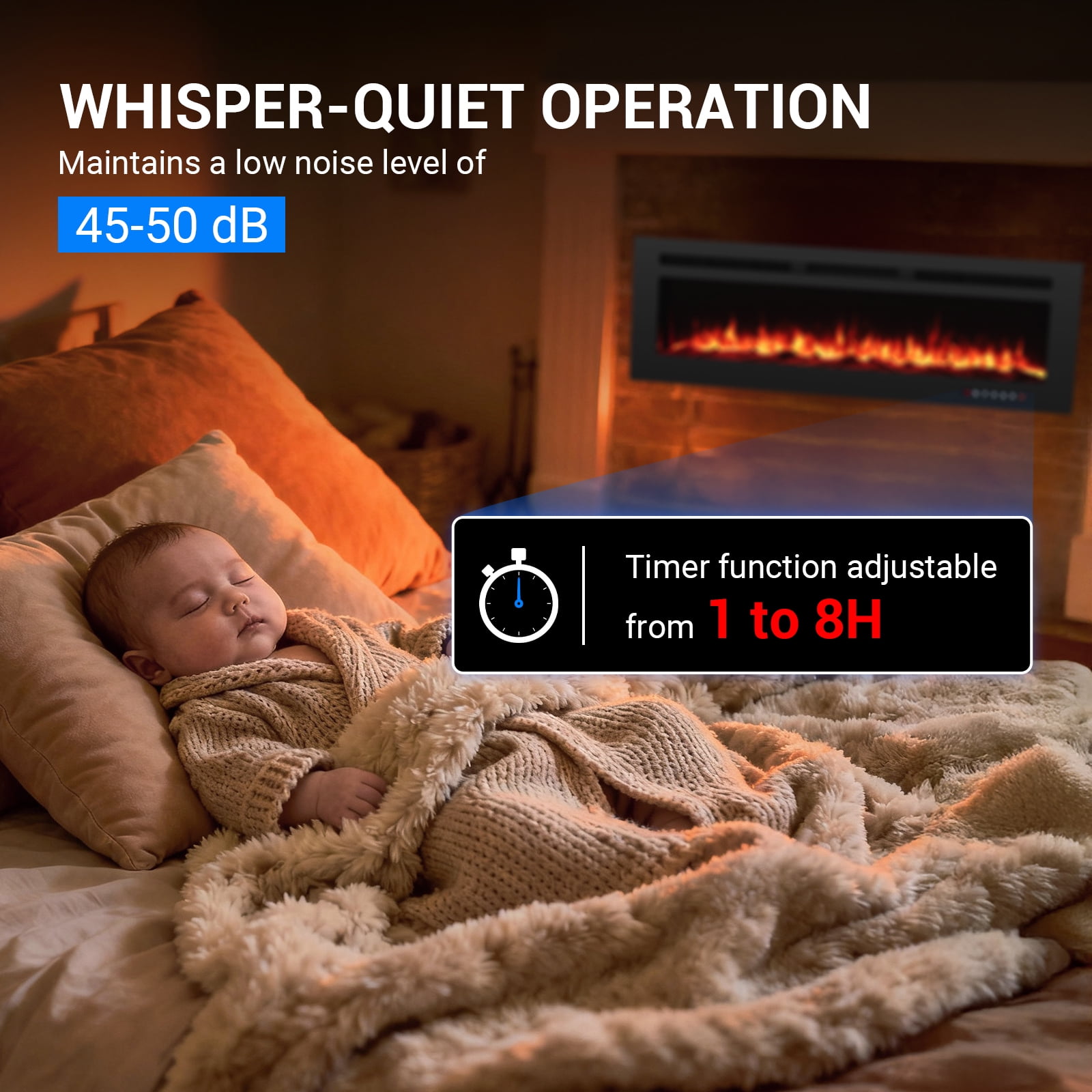 Joreek 60" Electric Fireplace, 750W/1500W, 12 Adjustable Flame Colors, 12-Hour Timer, Low-Noise Design, Supports Wall-Mounted/Freestanding/Built-In Installation