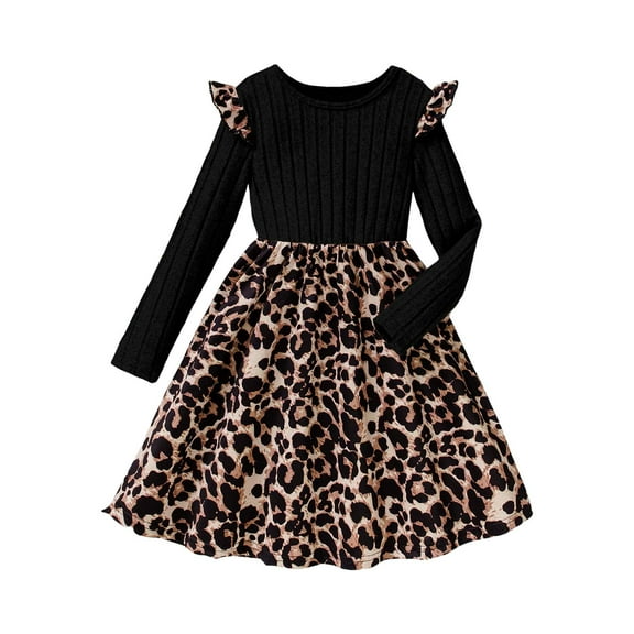 BOBOGOJP Kids Girls Rib Knit Long Sleeve Bodice Leopard Print Princess Party Dress Autumn Winter Dress Age 7-12 Years Black for Size 10 Years