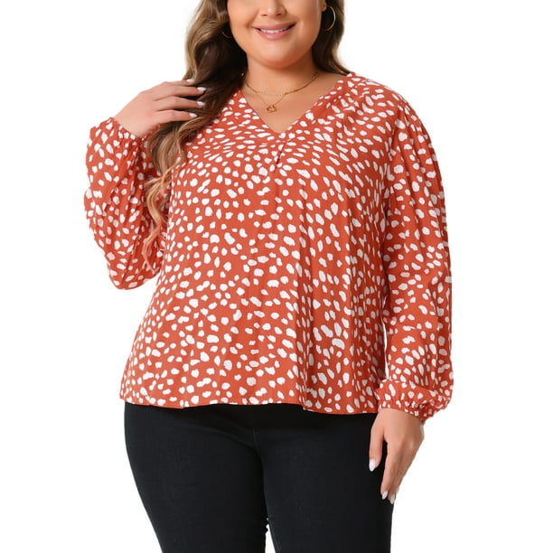 Blusa de trabajo casual para mujeres GRACE & GRANDEUR de talla grande, con cuello en V, de manga larga, con estampado de lunares, 2024, 4X, naranja