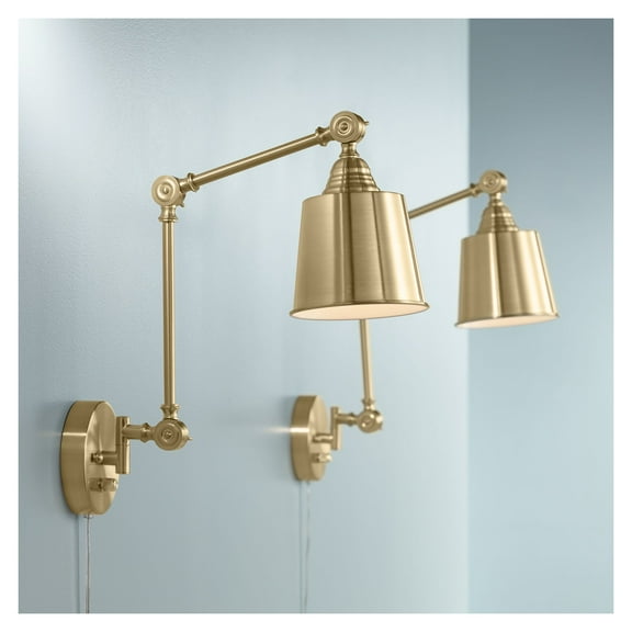 360 Lighting Mendes Modern Swing Arm Wall Lamps Set of 2 Brass Gold Plug-in Light Fixture Metal Shade for Bedroom Bedside Living Room Reading House