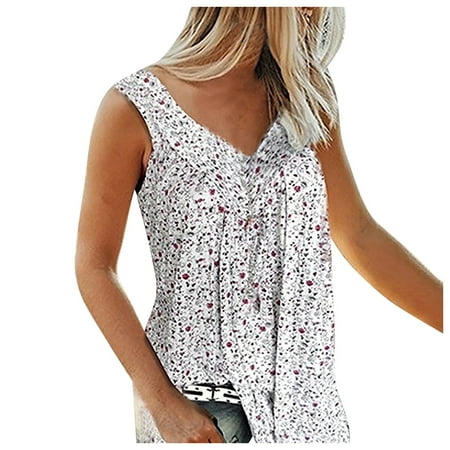 

WOXINDA V-neck Printed Women s Sleeveless Floral Tops Loose Vest Leisure Summer Women s Blouse 34b Shelf Bra