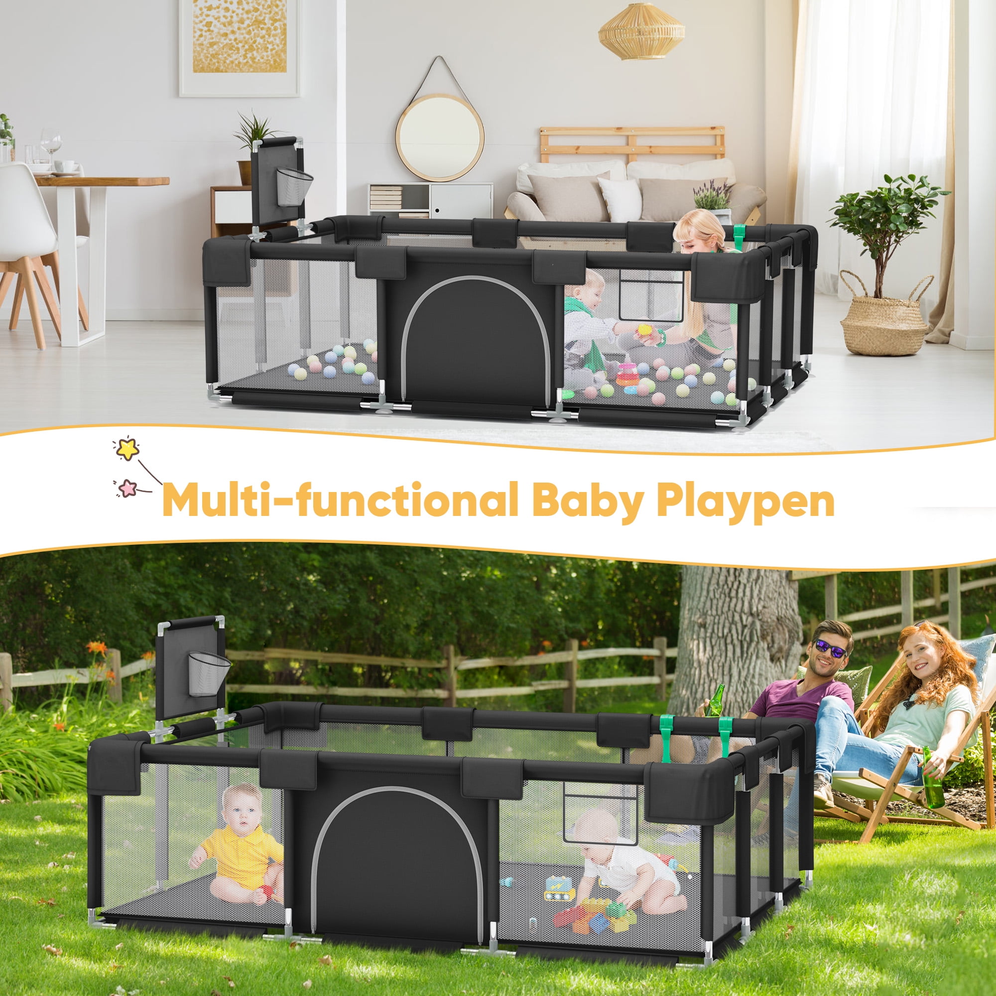 babyeap Baby Playpen,73 Inch Extra Large Baby Playard,Playpen for Babies and Toddlers With Basketball Hoop,Children Kids Play Fence for Indoors Outdoors,Black