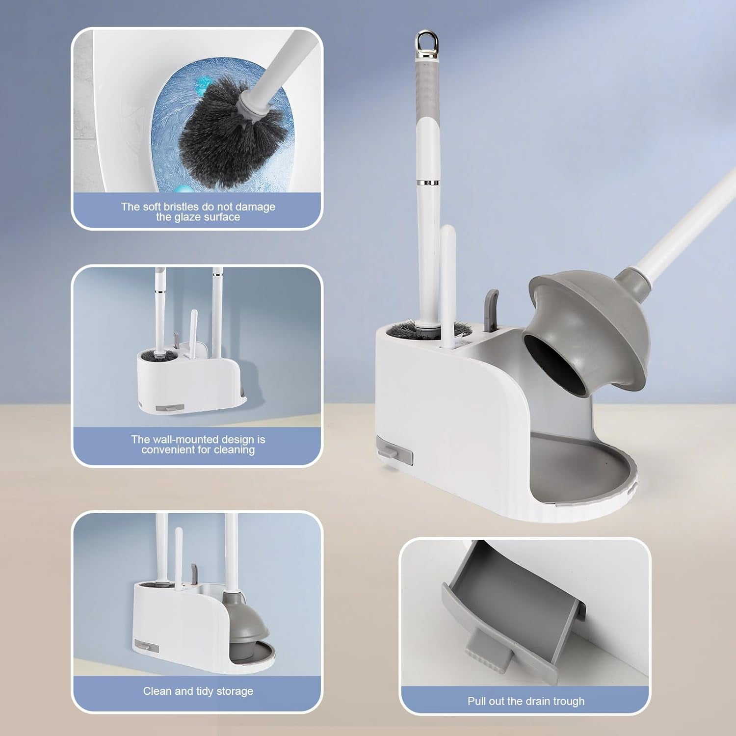 Toilet Brush and Plunger Set with Holder, Crevice Cleaning Brush and Clip, Wall Mounted Bathroom Cleaning Tool Combo