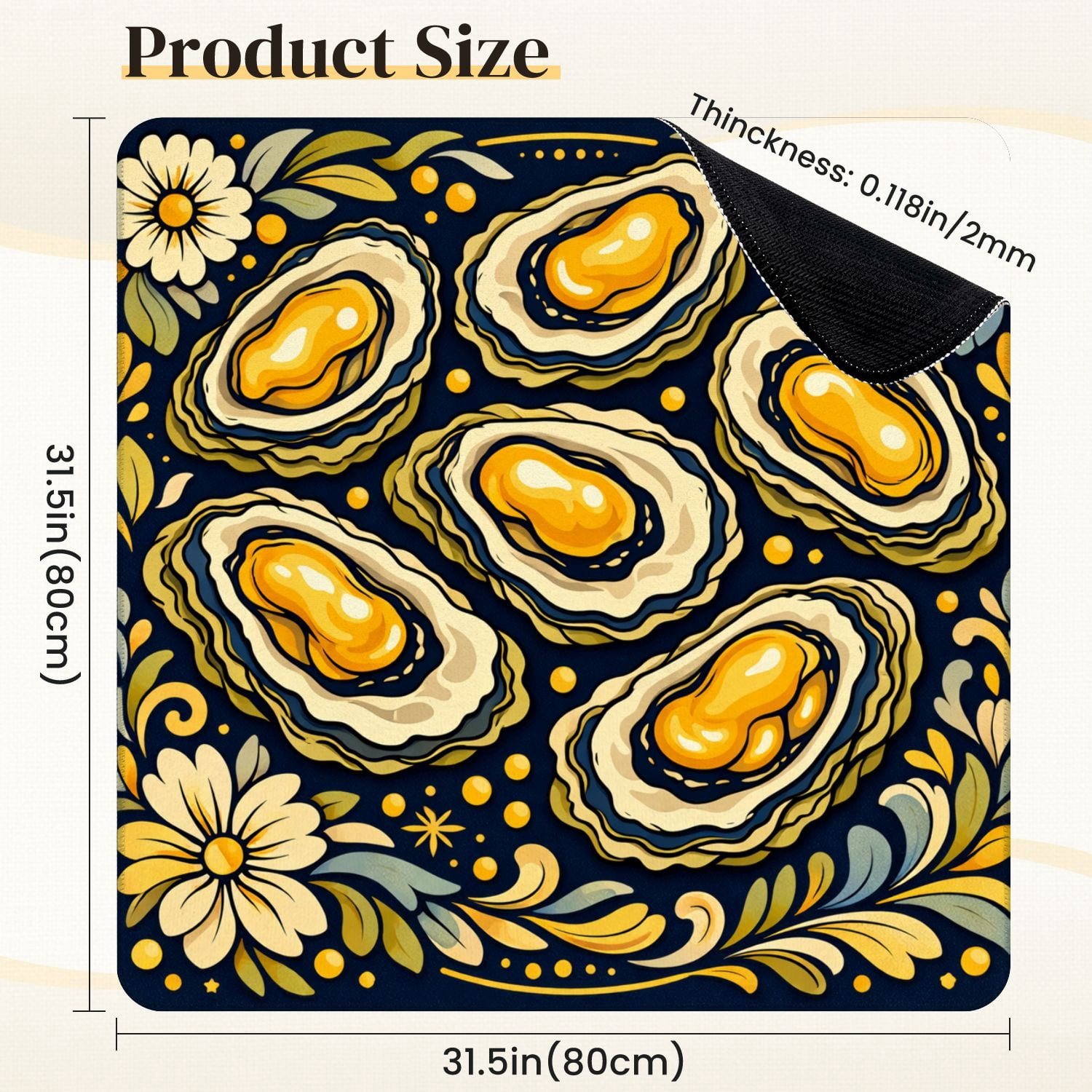 Mahjong Mat 31.5" x 31.5" Golden Oysters Vibrant Yellow Pearls Floral Non-Slip Noise Reduction Mahjong Tiles Table Cover for Dominoes Poker Card Board and Tile Games