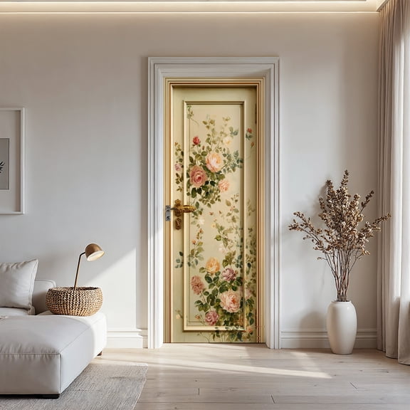 Vintage Rose Vine Door Sticker - 30.3x78.7in Cream Floral Peel and Stick Door Decal for Home Decor