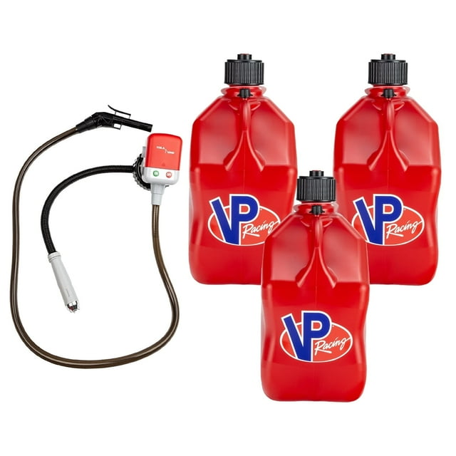VP Racing 3512-CA, Pichet de Sport Automobile Carré de 5,5 Gallons Rouge (Lot de 3), avec Pichet Utilitaire Pompe de Transfert de Carburant à Batterie (Lot de 1)