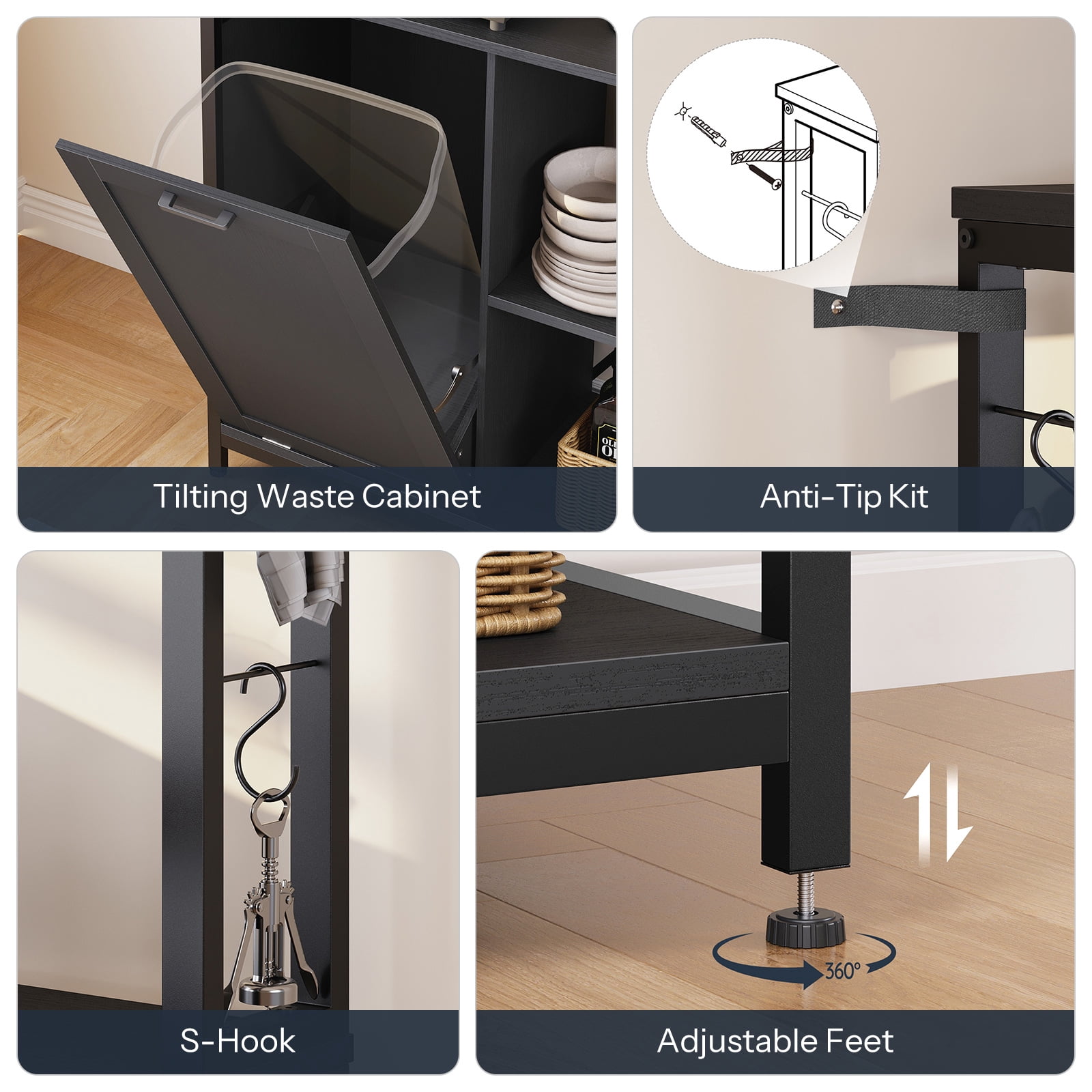 HOOBRO Bakers Rack Microwave Stand with Trash Can Bin Cabinet, 5-Tier Kitchen Storage Shelf Cabinet with Power Outlet, Tall Coffee Bar Table Station for Dining Room, Living Room, Black BB50UHB01