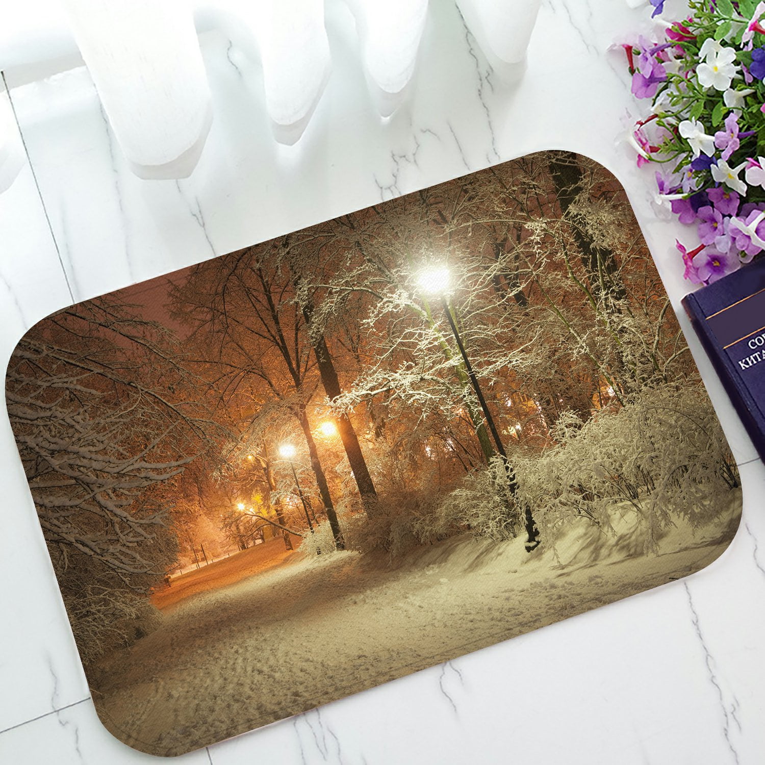 PHFZK Snow View Doormat, Winter Alley at Night and Shining Lanterns Doormat Outdoors/Indoor