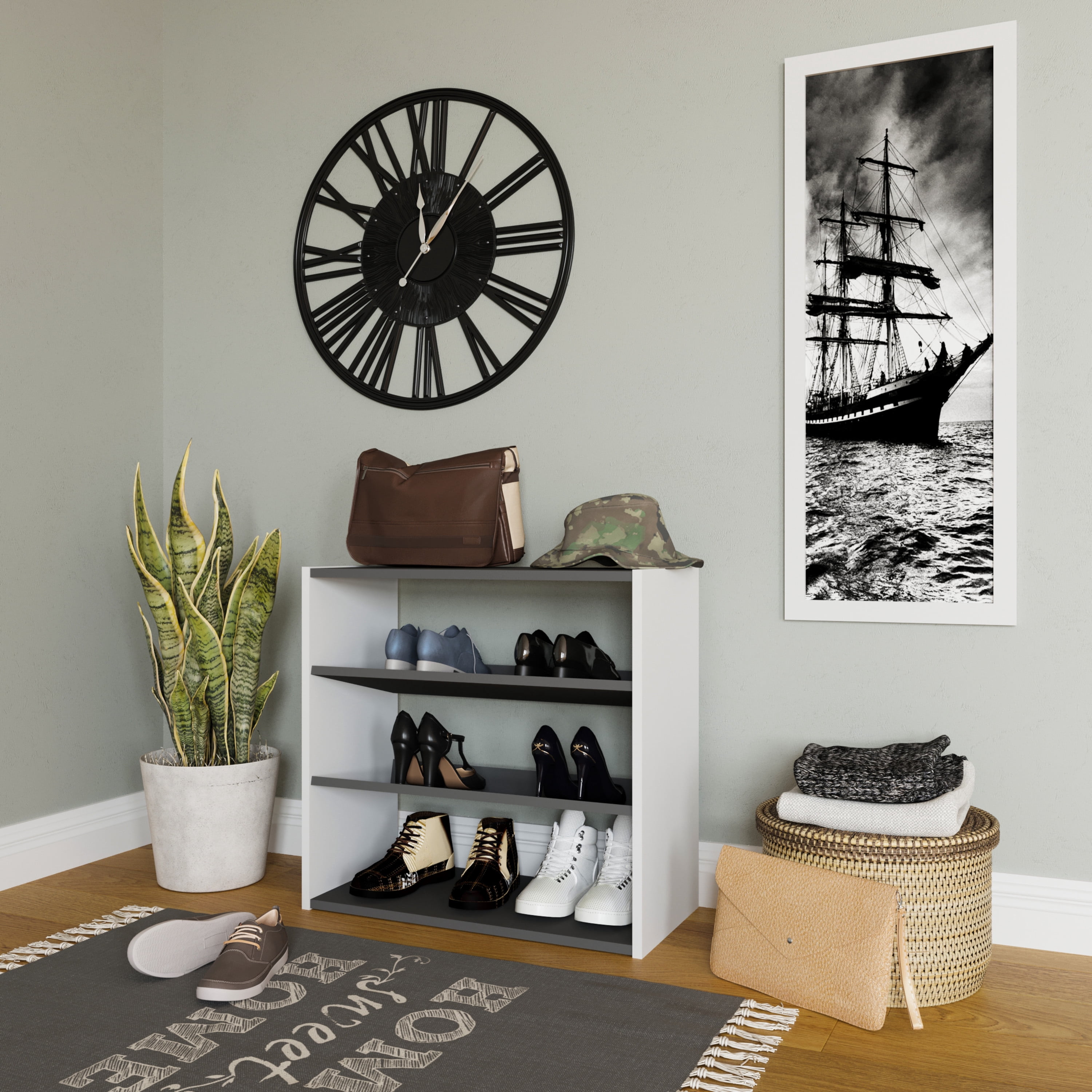 Ada Home Decor Furniture 3 Tier 9 Pair White Anthracite Marcey Modern Shoe Rack
