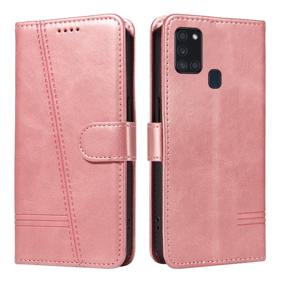 Flip Case for Samsung Galaxy A21s Dual SIM, 360 Degree Protection Shockproof PU Leather Wallet Phone Cover, Kickstand and 3 Card Slots, Rose Gold