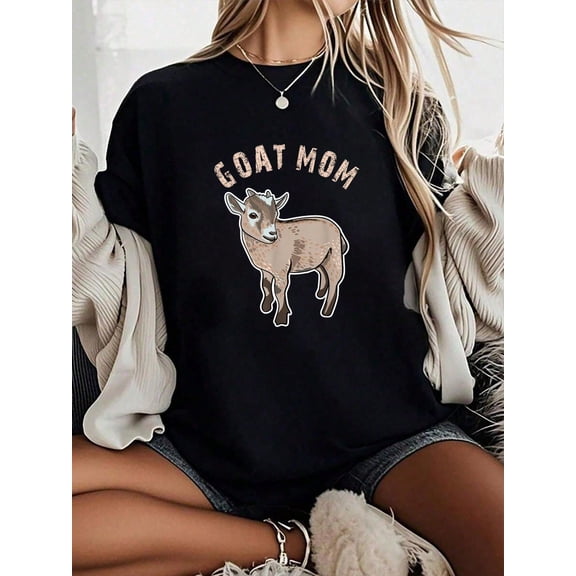 Funny Goat Mom Vintage Retro Graphic T-Shirt for Women Cute Farm Animal Lover Gift Short Sleeve Crewneck Top Black
