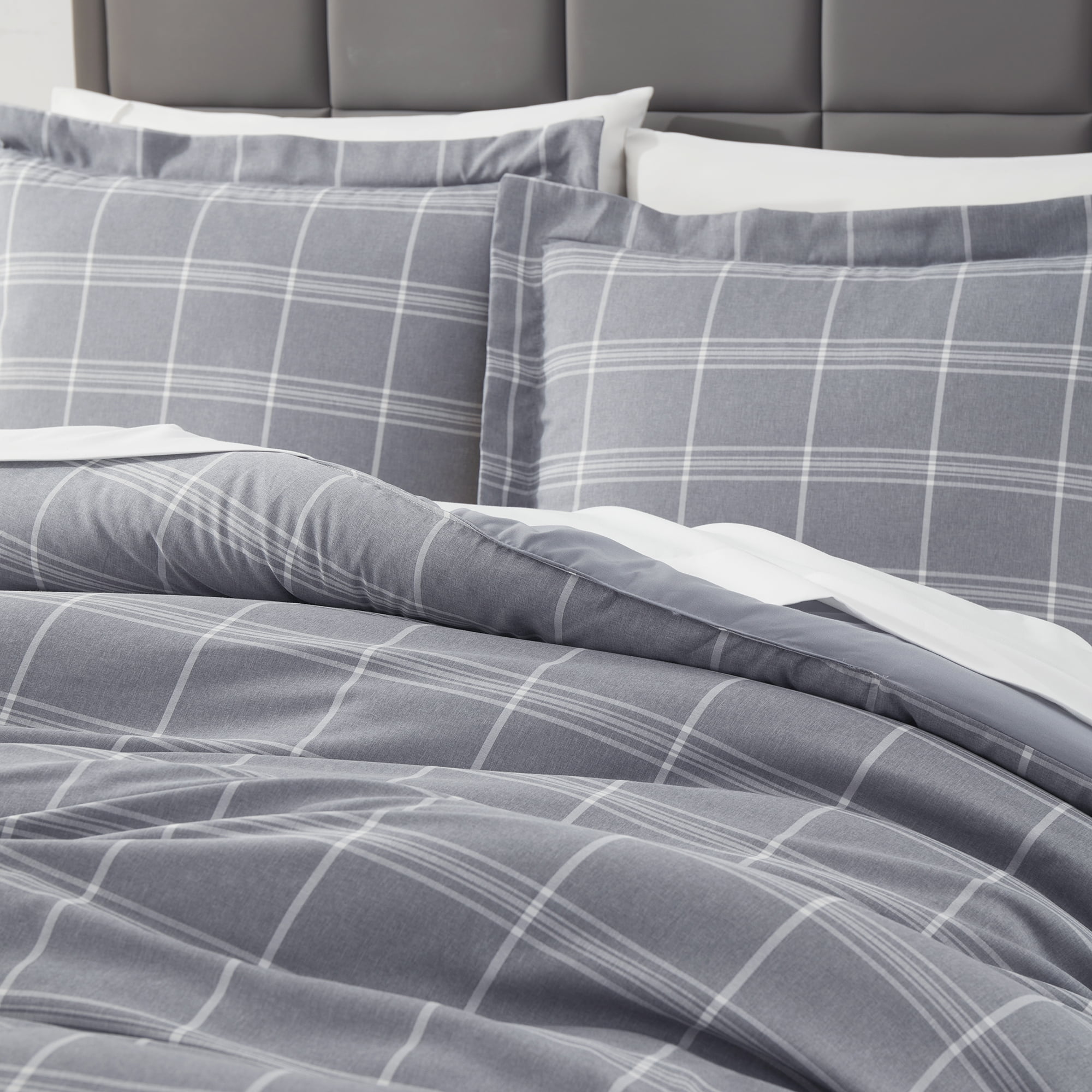 Sweet Home Collection Soft Microfiber Plaid Grey/White Comforter and Sheet Set - Twin